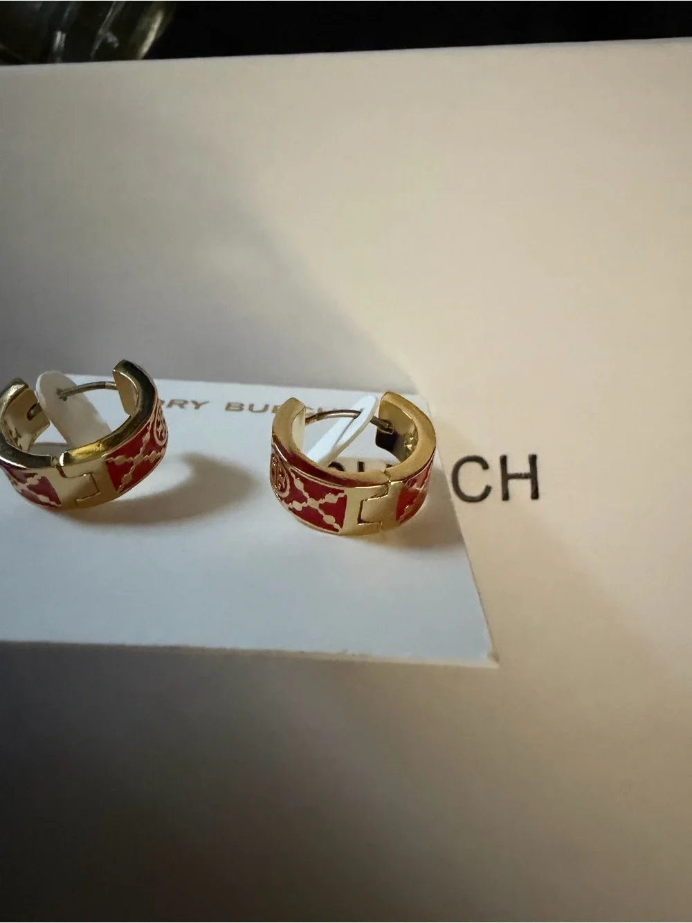 Tory Burch Gold Hoop Earrings with Red Enamel Trim